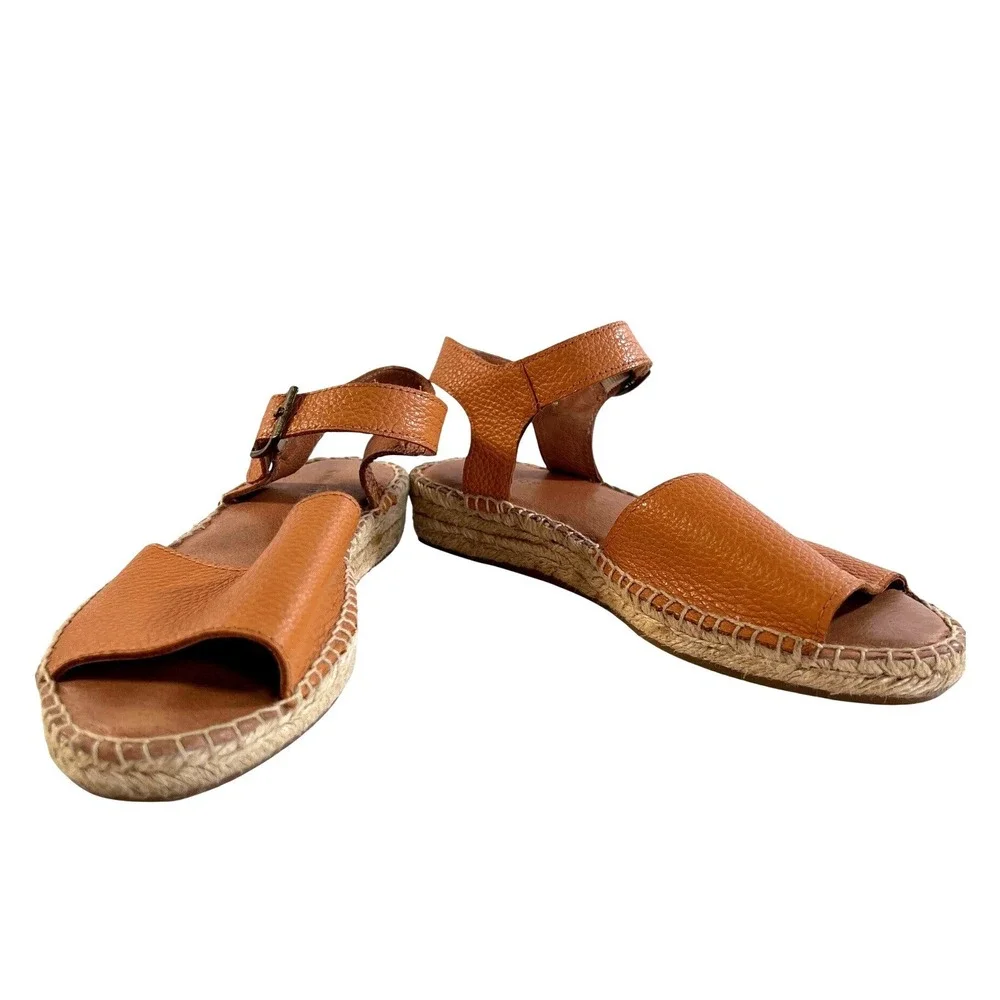 Soludos Womens Tan Pebbled Leather Ankle Strap Espadrille Sandals Size 7.5 Flat